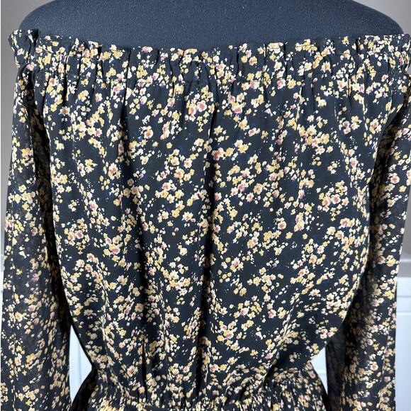 Miss Me Off The Shoulder Women's Floral Black Tan 1/2 Sheer Sleeve Dress Size S - Picture 4 of 14